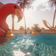Sunrise at the duck pool, with a big rubber flamingo.